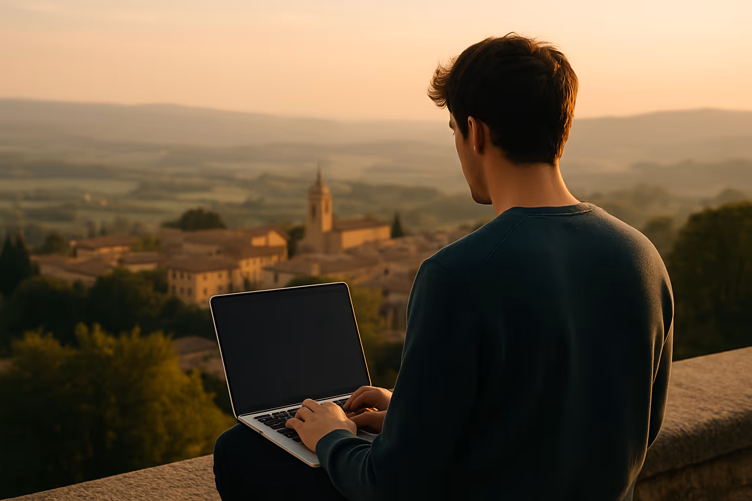 Giovane professionista tech al lavoro in un borgo del Sud Italia, tra territorio e digitale